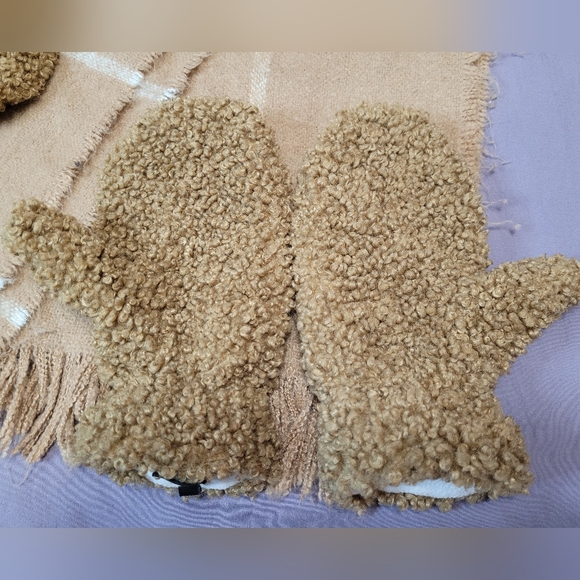 Love & Lore Cozy Tan Scarf With Teddy Bear Core Style Brown Hat and Mittens Set - Picture 8 of 16